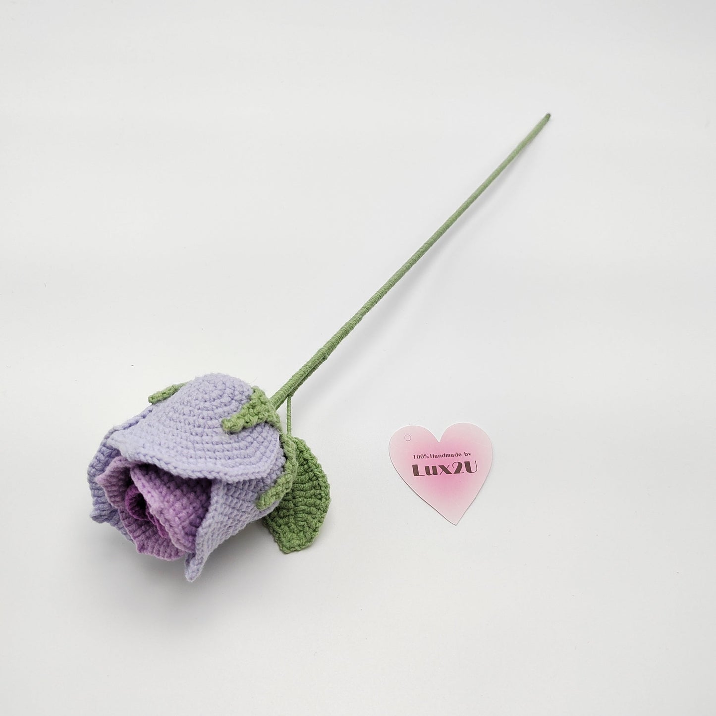 Handmade Crochet Rose Wine with Leaves and Long Stem, Hand-Knitted with 100% Cotton