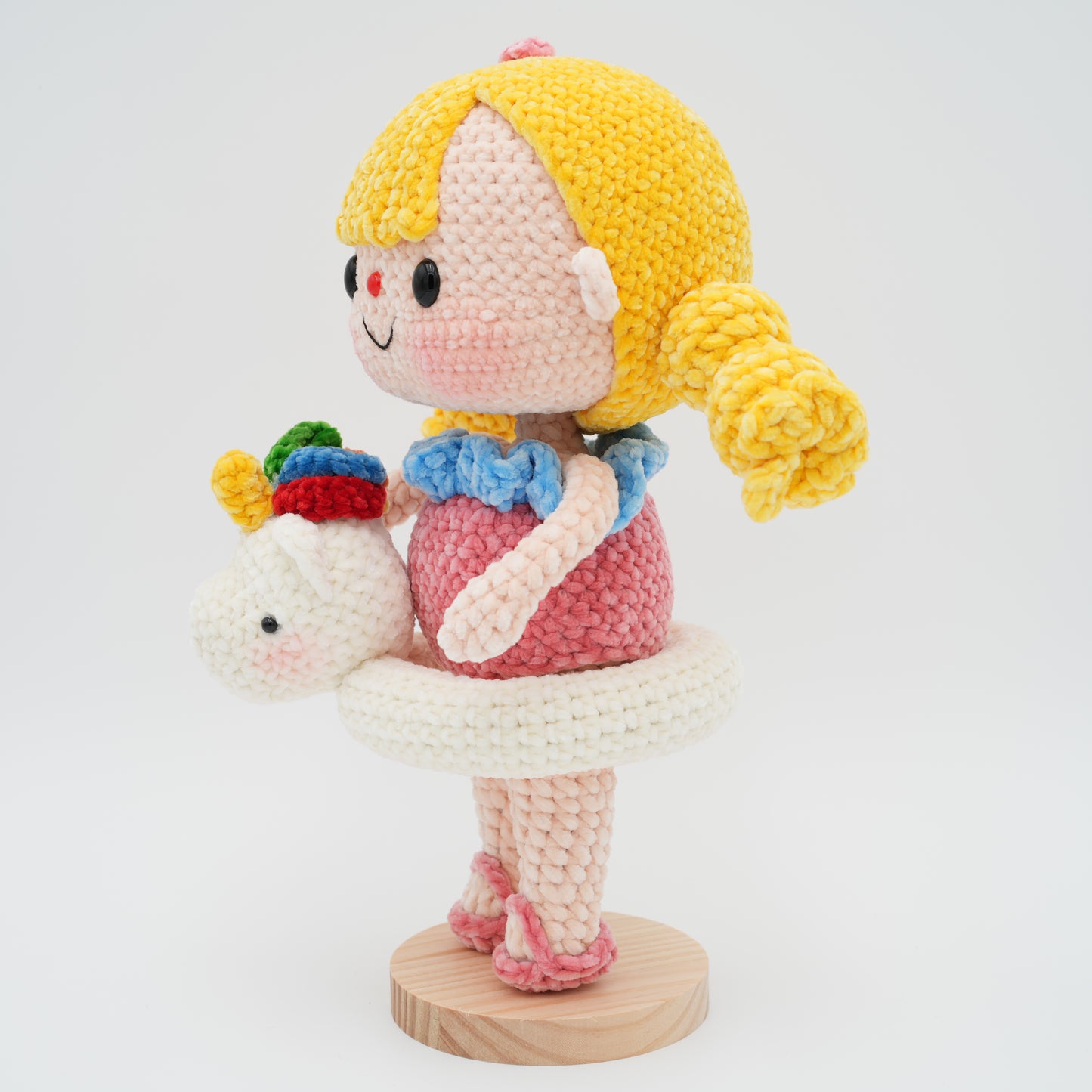Handmade Crochet 11'' Doll Girl with Unicorn Swimming Ring, Hand-Knitted with Cotton Yarn