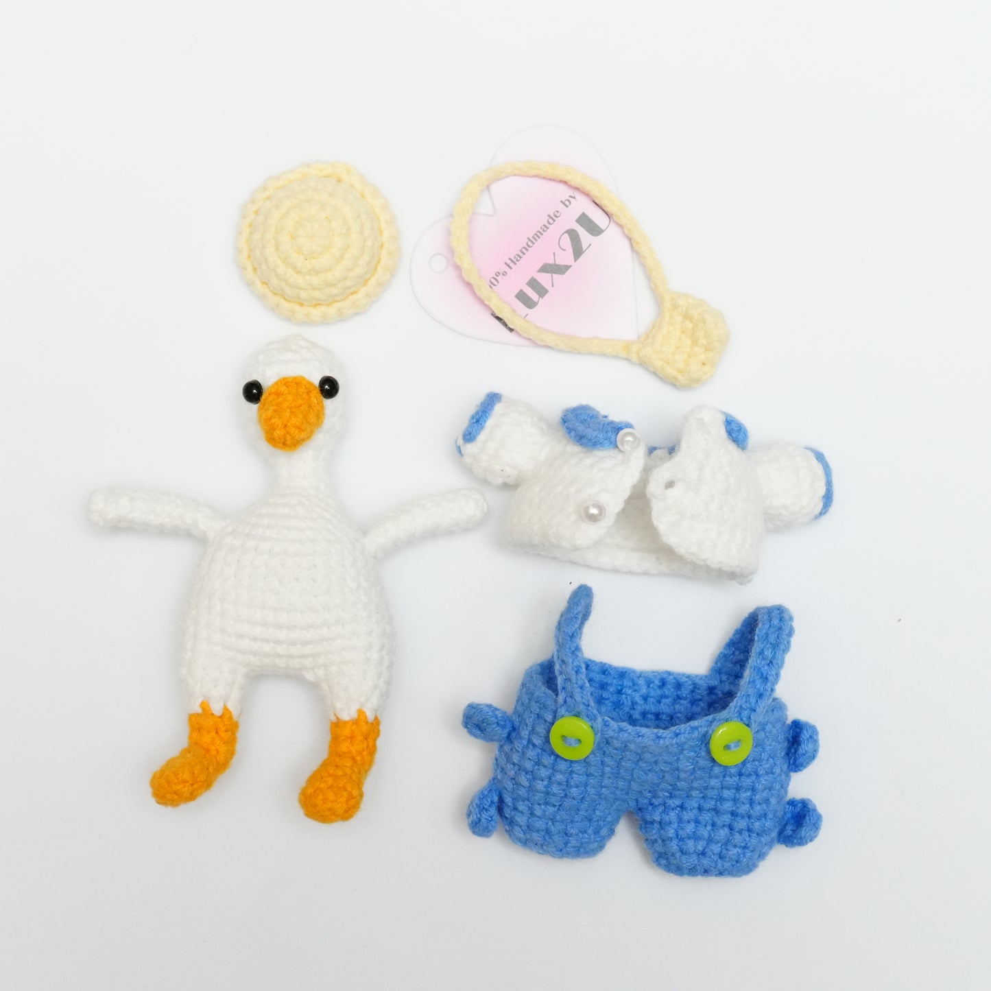 Handmade Crochet Duck with Removable Hat, Jacket, Overalls and Crossbody Bag