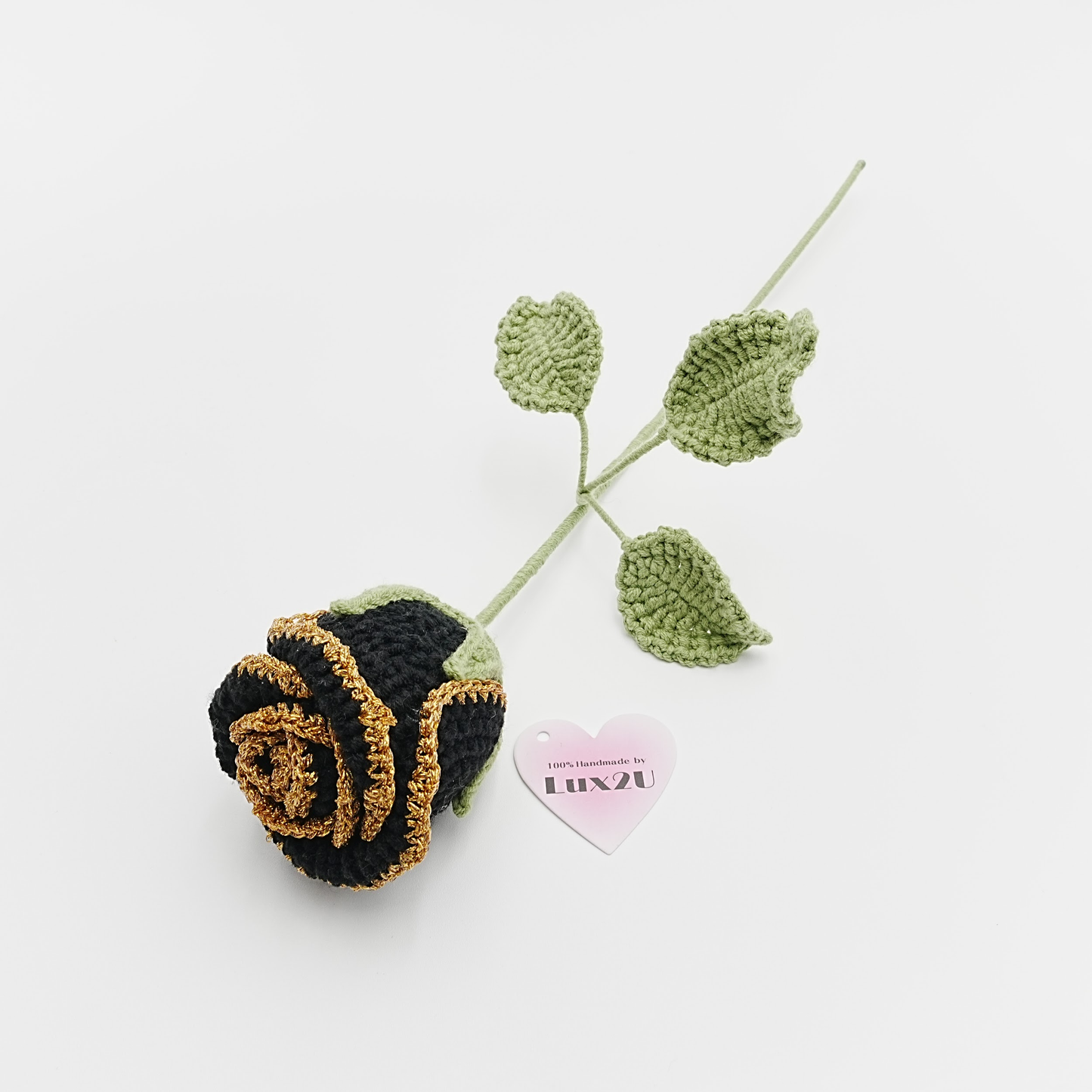 Handmade Crochet Rose Wine with Leaves and Long Stem, Hand-Knitted with 100% Cotton