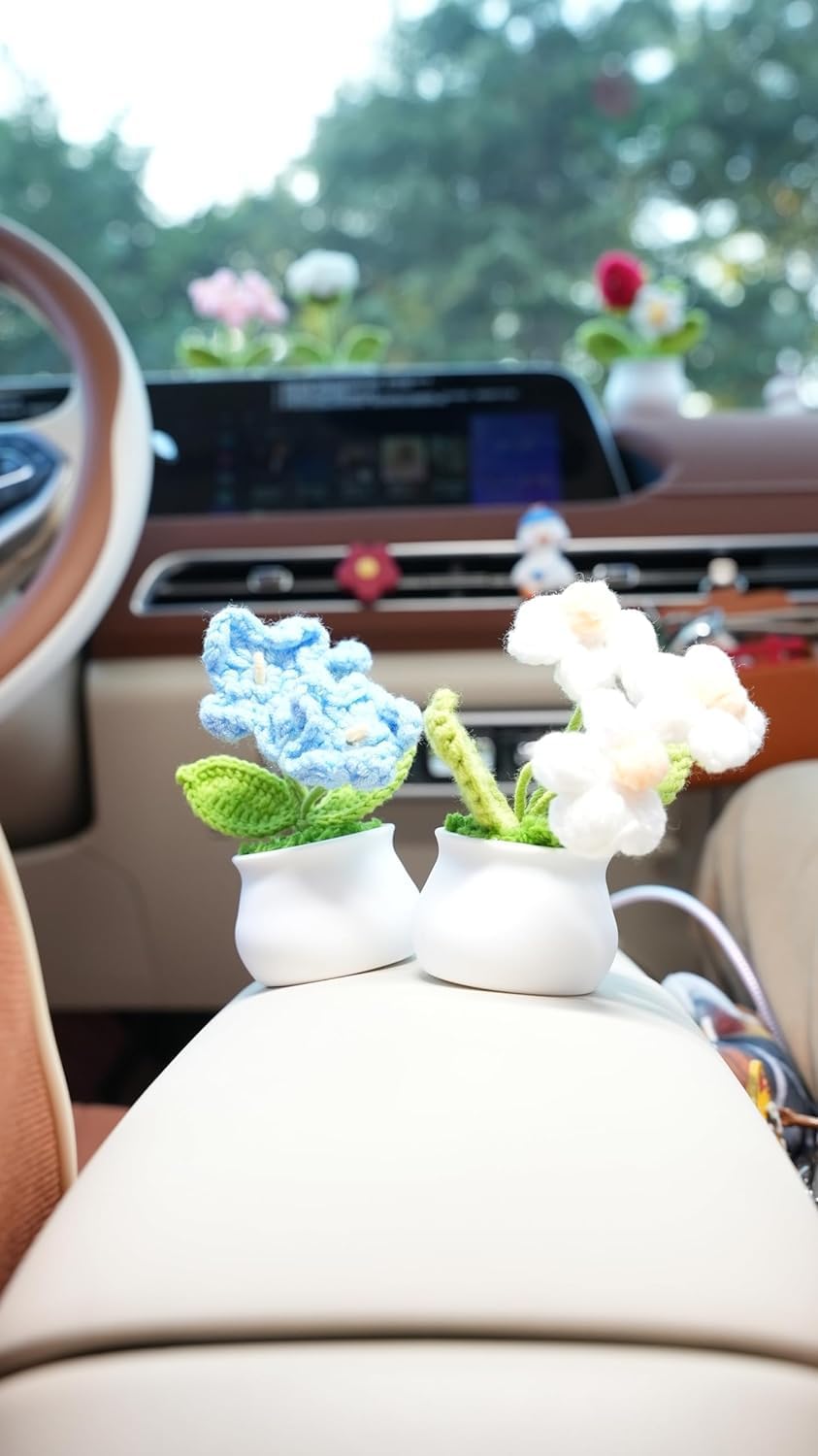 Handmade Mini Potted Crochet Flowers x 5, Hand-Knitted Flower for Car Dash Decoration