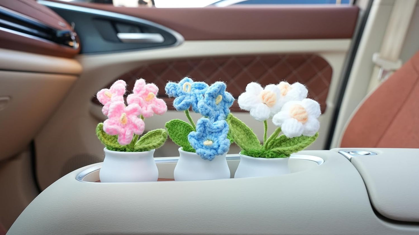 Handmade Mini Potted Crochet Flowers x 5, Hand-Knitted Flower for Car Dash Decoration