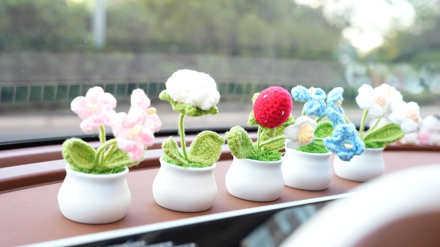 Handmade Mini Potted Crochet Flowers x 5, Hand-Knitted Flower for Car Dash Decoration