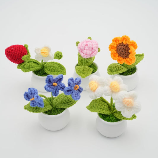 Handmade Mini Potted Crochet Flowers x 5, Hand-Knitted Flower for Car Dash Decoration