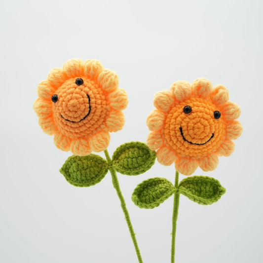 Handmade Crochet Sunflower with Smiling Face x 2, Hand-Knitted with 100% Cotton