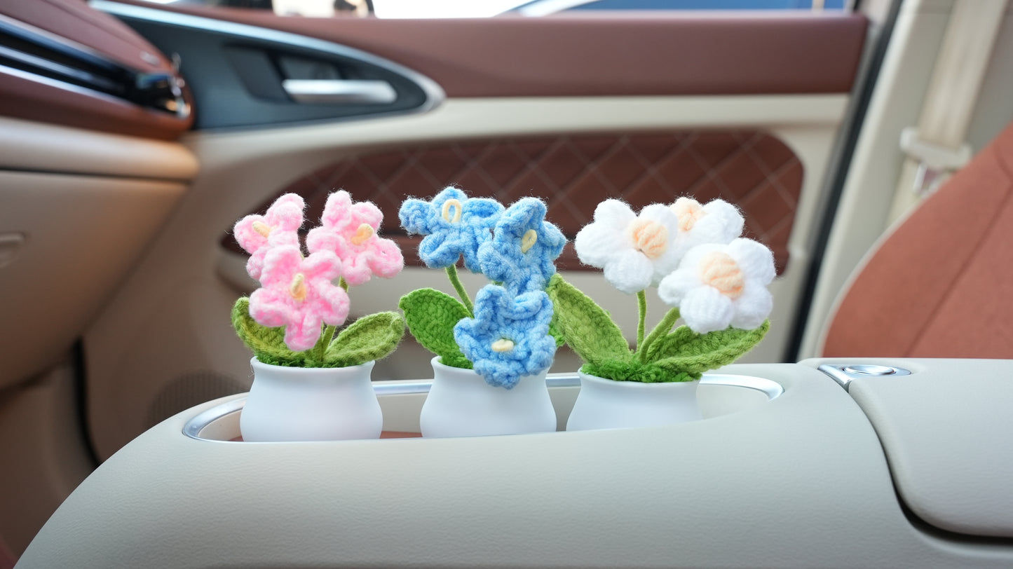 Handmade Mini Potted Crochet Flowers, Hand-Knitted Flower for Car Dash Decoration