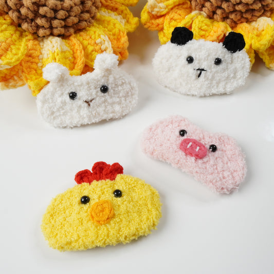 4pcs Crochet Hair Clips Hand-Knitted with Cotton Yarn, Chick, Panda, Rabbit, Pig