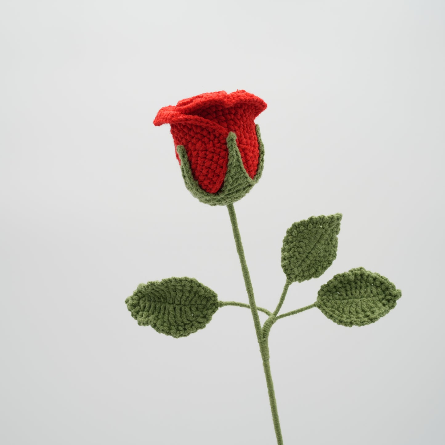 Handmade Crochet Red Rose with Leaves and Long Stem, Hand-Knitted with 100% Cotton