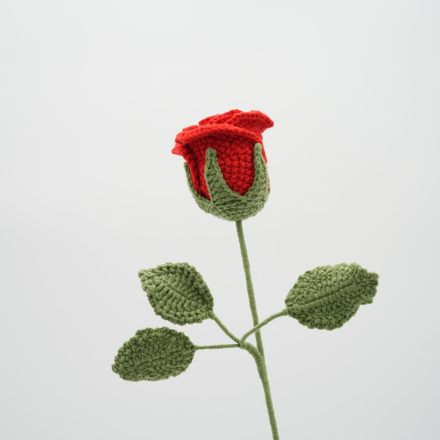 Handmade Crochet Red Rose with Leaves and Long Stem, Hand-Knitted with 100% Cotton