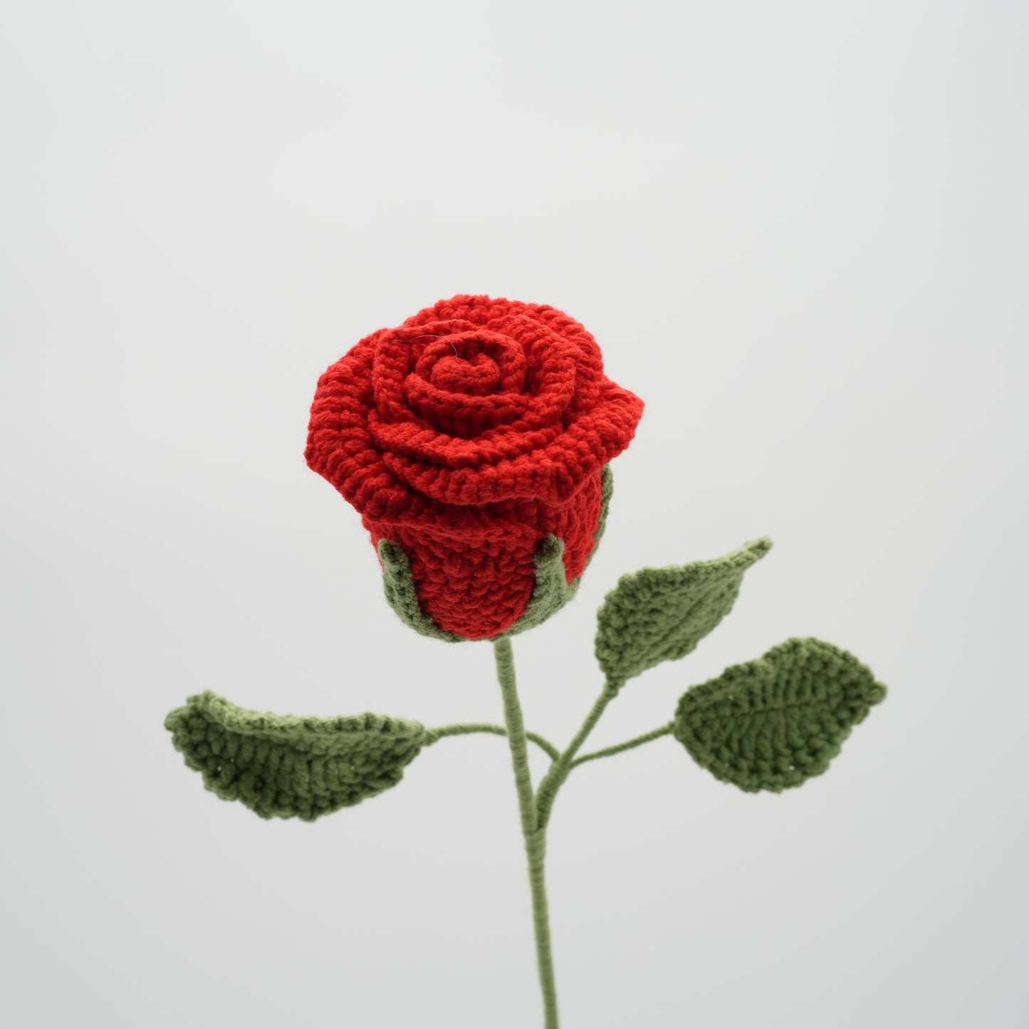 Handmade Crochet Red Rose with Leaves and Long Stem, Hand-Knitted with 100% Cotton