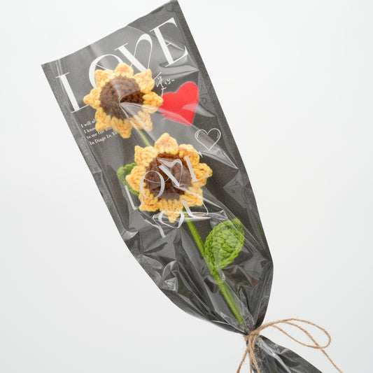 Crochet Flower Bouquet, 100% Handmade, Baby Sunflower x 2, Wrapped in 'LOVE' Bag