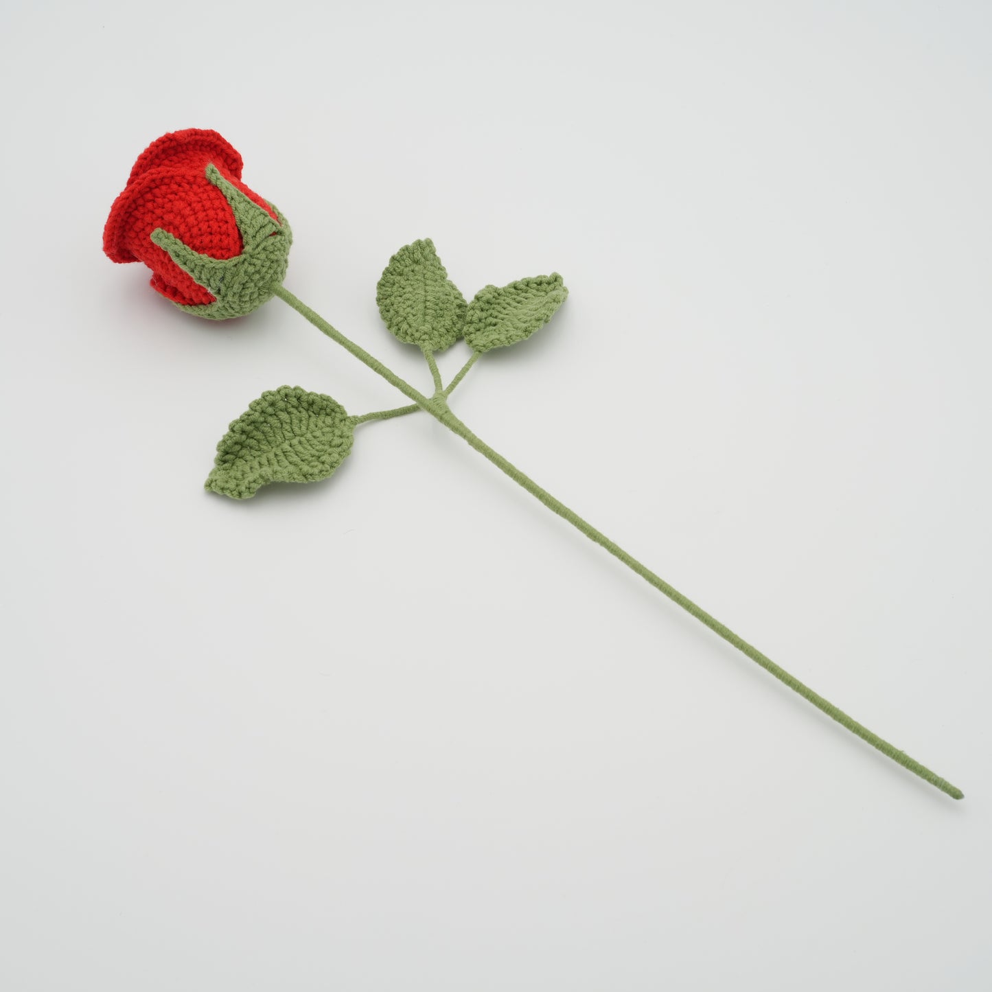 Handmade Crochet Red Rose with Leaves and Long Stem, Hand-Knitted with 100% Cotton