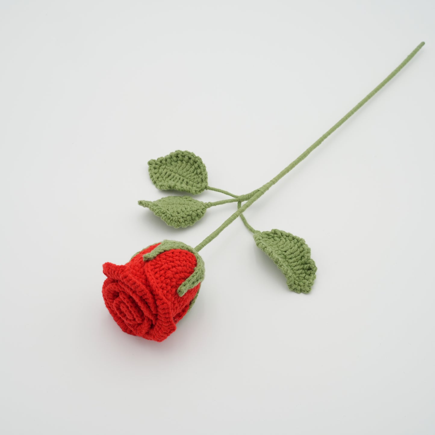 Handmade Crochet Red Rose with Leaves and Long Stem, Hand-Knitted with 100% Cotton