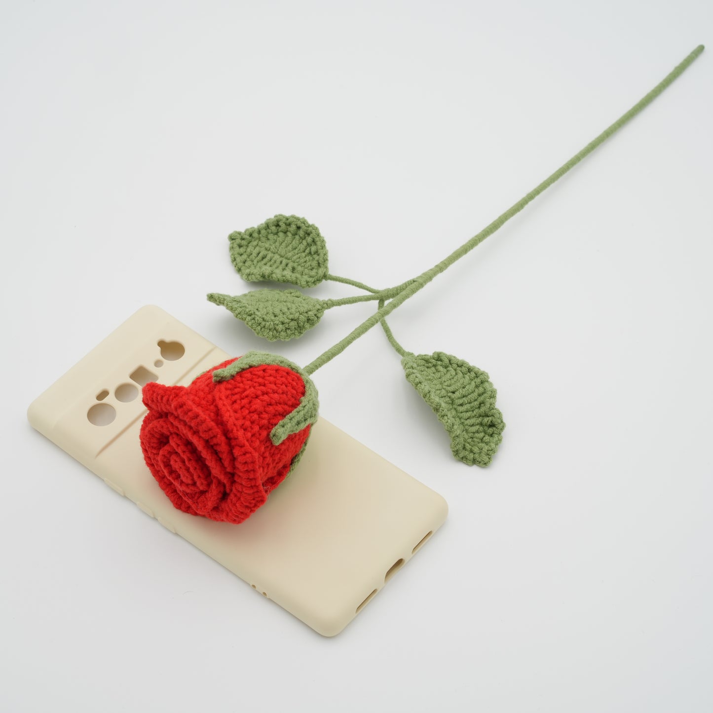 Handmade Crochet Red Rose with Leaves and Long Stem, Hand-Knitted with 100% Cotton