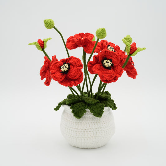 Handmade Crochet Poppy Pot, Hand-Knitted with 100% Cotton