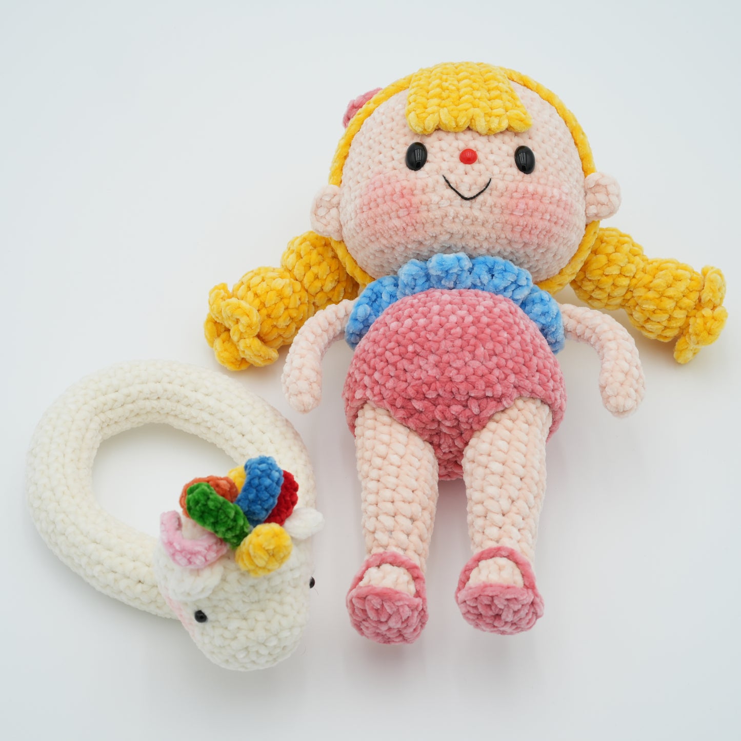 Handmade Crochet 11'' Doll Girl with Unicorn Swimming Ring, Hand-Knitted with Cotton Yarn