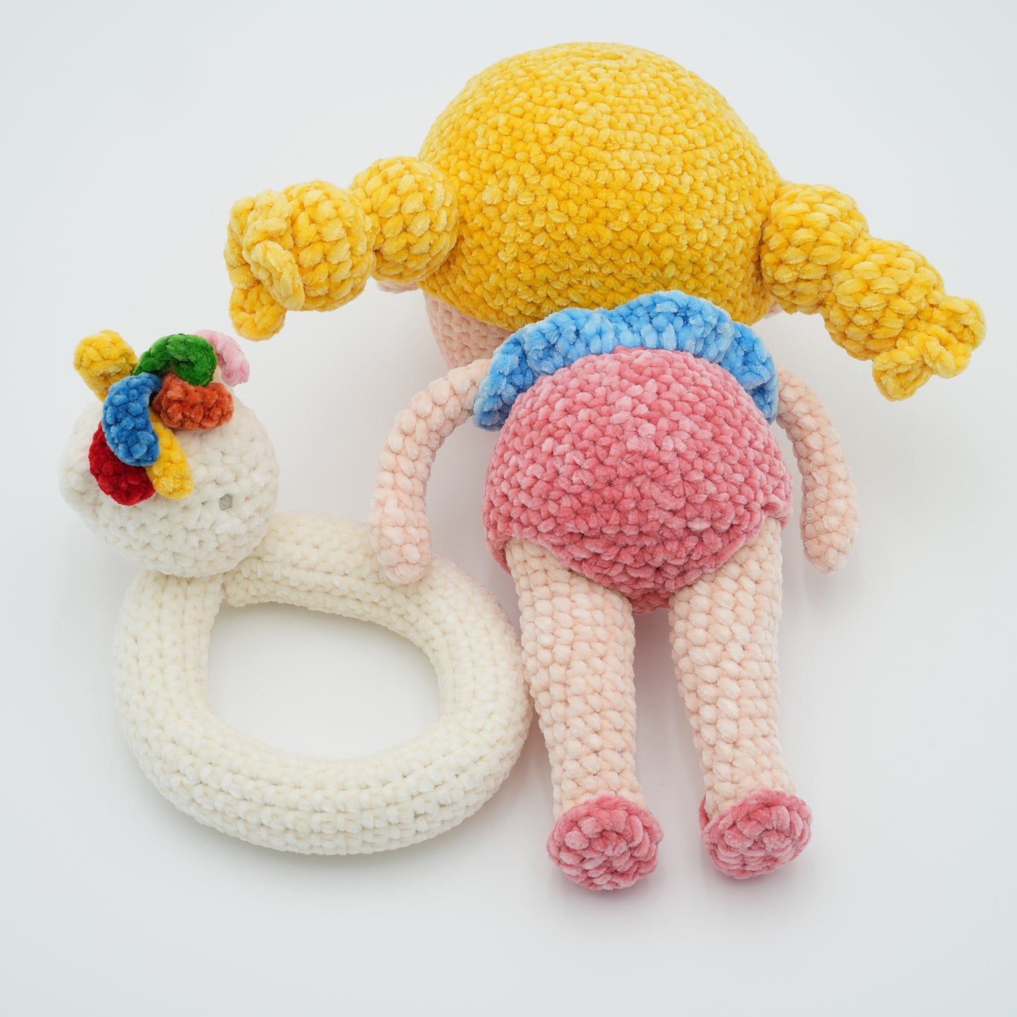 Handmade Crochet 11'' Doll Girl with Unicorn Swimming Ring, Hand-Knitted with Cotton Yarn