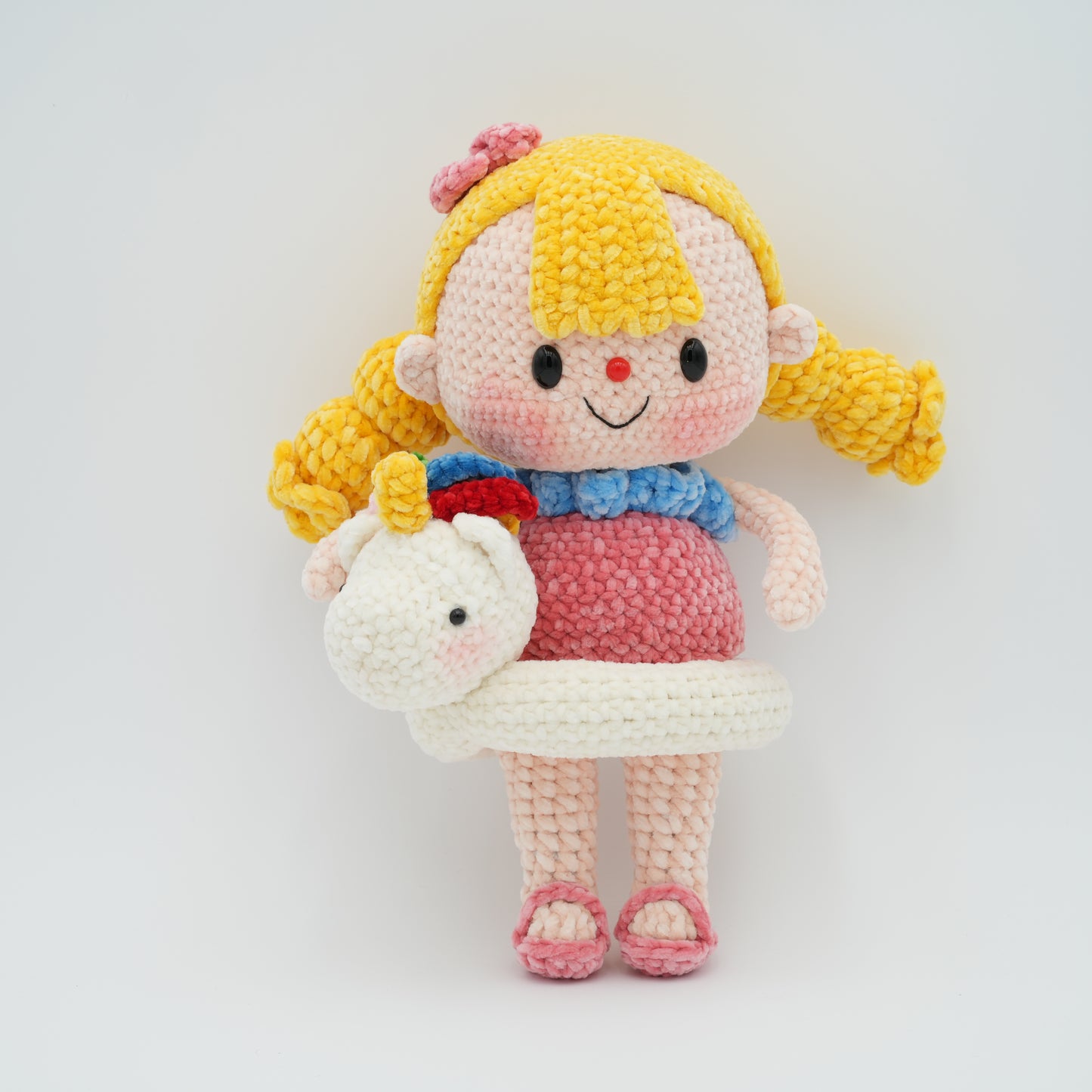 Handmade Crochet 11'' Doll Girl with Unicorn Swimming Ring, Hand-Knitted with Cotton Yarn