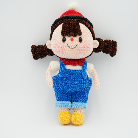 Handmade Crochet 13'' Doll Girl Wearing Blue Overalls, Hand-Knitted with Cotton Yarn