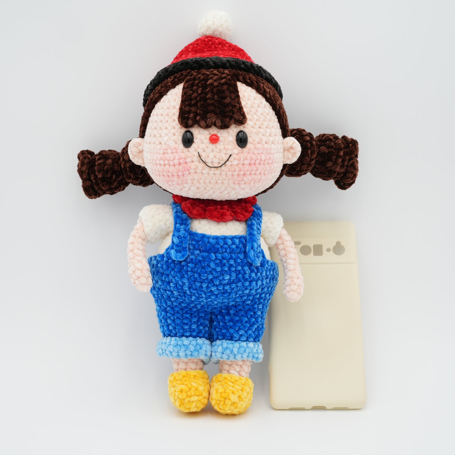 Handmade Crochet 13'' Doll Girl Wearing Blue Overalls, Hand-Knitted with Cotton Yarn