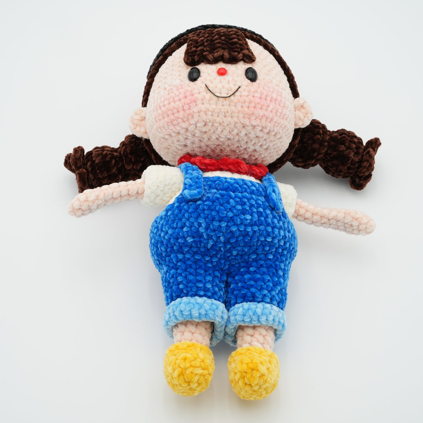 Handmade Crochet 13'' Doll Girl Wearing Blue Overalls, Hand-Knitted with Cotton Yarn