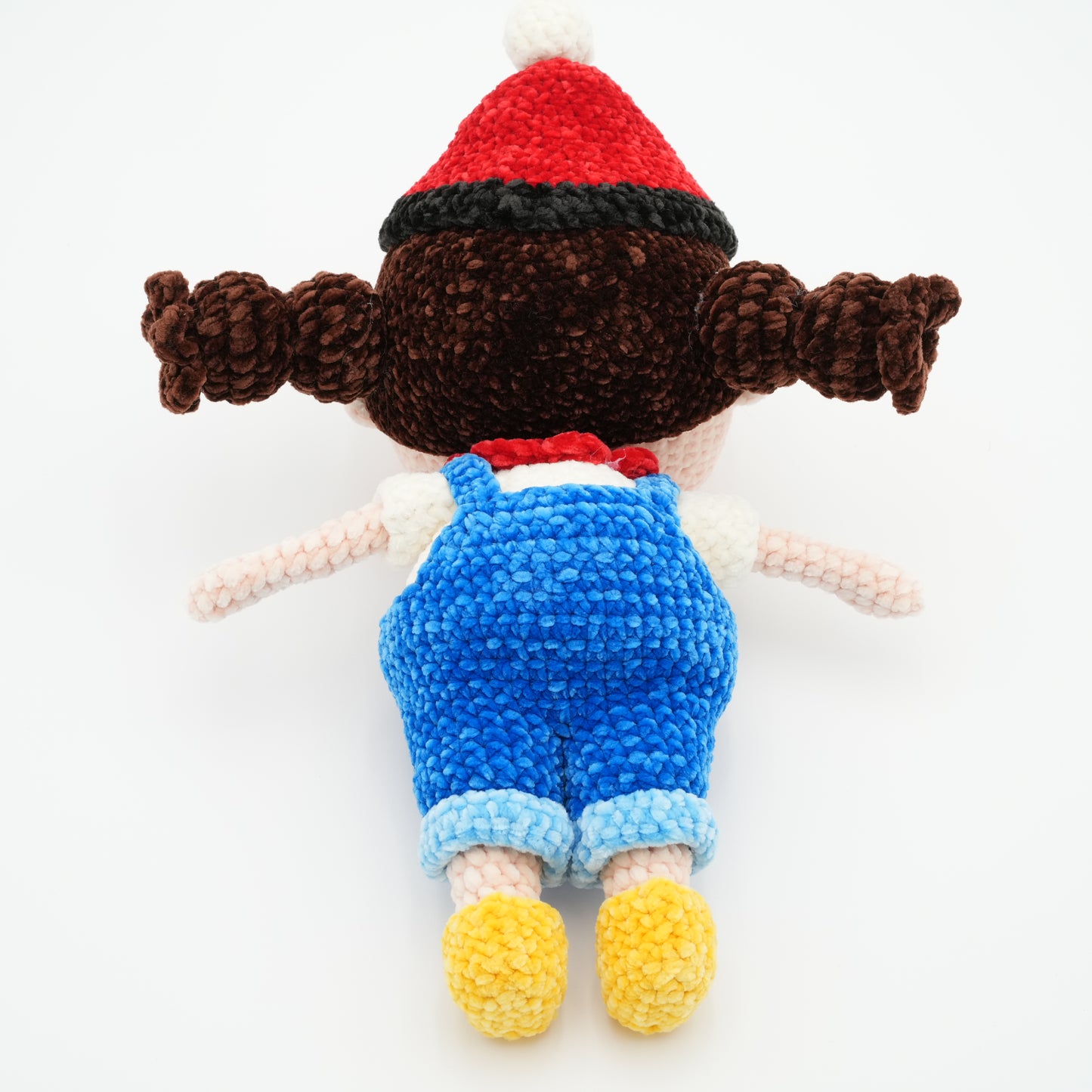 Handmade Crochet 13'' Doll Girl Wearing Blue Overalls, Hand-Knitted with Cotton Yarn