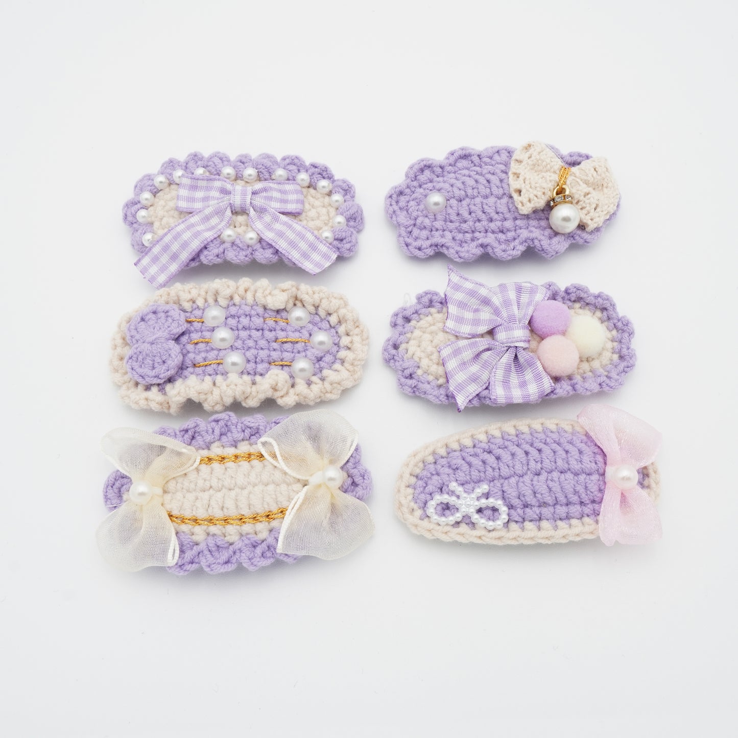 6pcs Crochet Hair Clips Hand-Knitted with Cotton Yarn, Set in Matching Colors