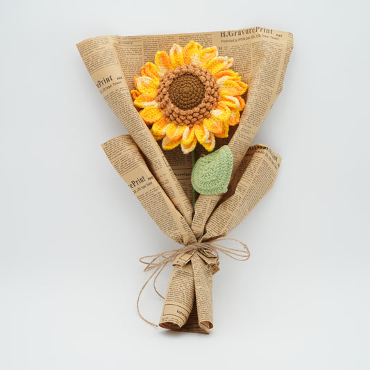 Crochet Flower Bouquet, Handmade, Sunflowers (6.5″ Diameter, 2 Layers of Petals) x 1, Wrapped in Vintage Newspaper