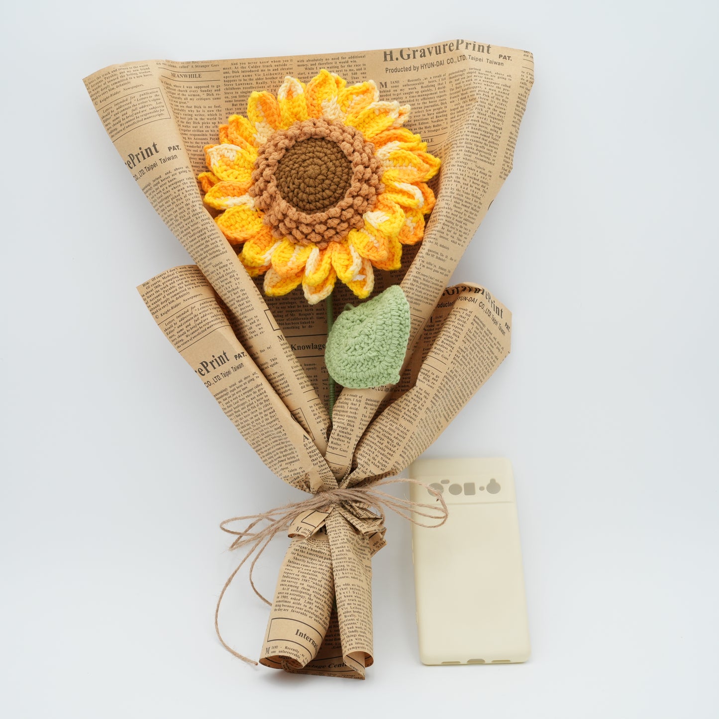 Crochet Flower Bouquet, Handmade, Sunflowers (6.5″ Diameter, 2 Layers of Petals) x 1, Wrapped in Vintage Newspaper