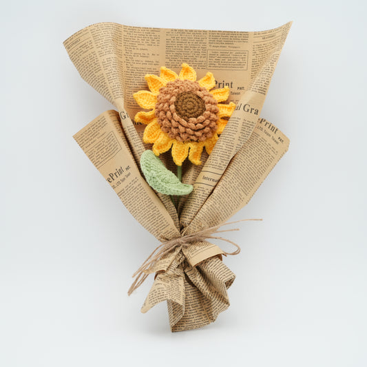 Crochet Flower Bouquet, 100% Handmade, Sunflowers (5.5″ Diameter, 1 Layers of Petals) x 1, Wrapped in Vintage Newspaper