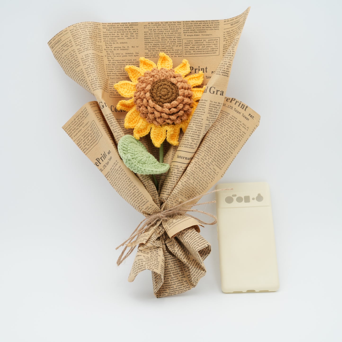 Crochet Flower Bouquet, 100% Handmade, Sunflowers (5.5″ Diameter, 1 Layers of Petals) x 1, Wrapped in Vintage Newspaper