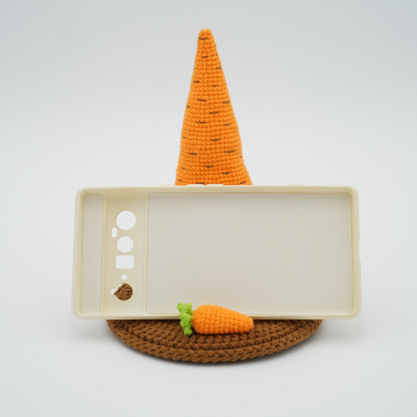 Handmade Crochet Phone Stand, Gnome with Carrot, 100% Hand-Knitted