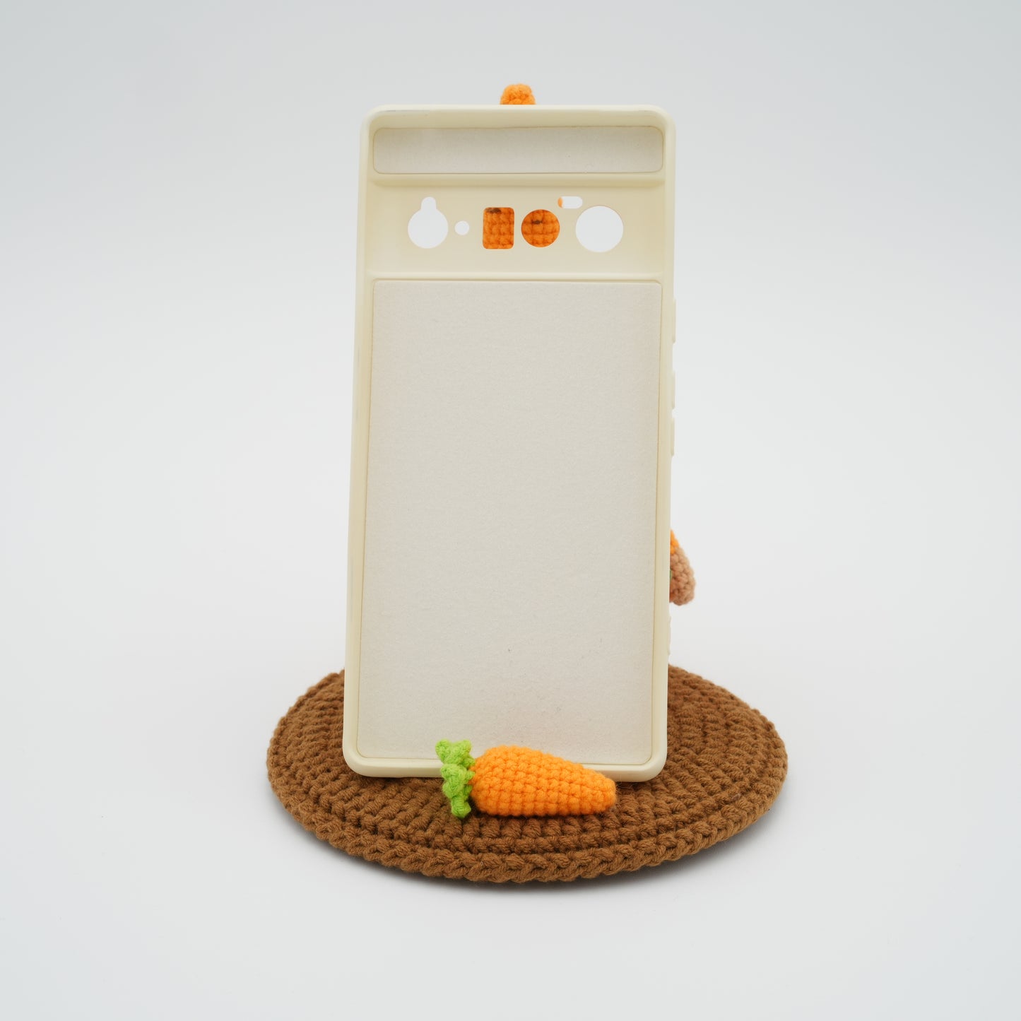 Handmade Crochet Phone Stand, Gnome with Carrot, 100% Hand-Knitted