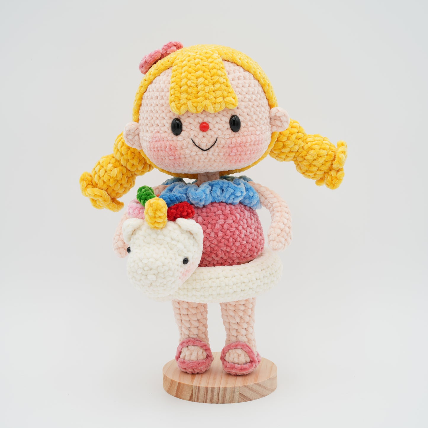 Handmade Crochet 11'' Doll Girl with Unicorn Swimming Ring, Hand-Knitted with Cotton Yarn