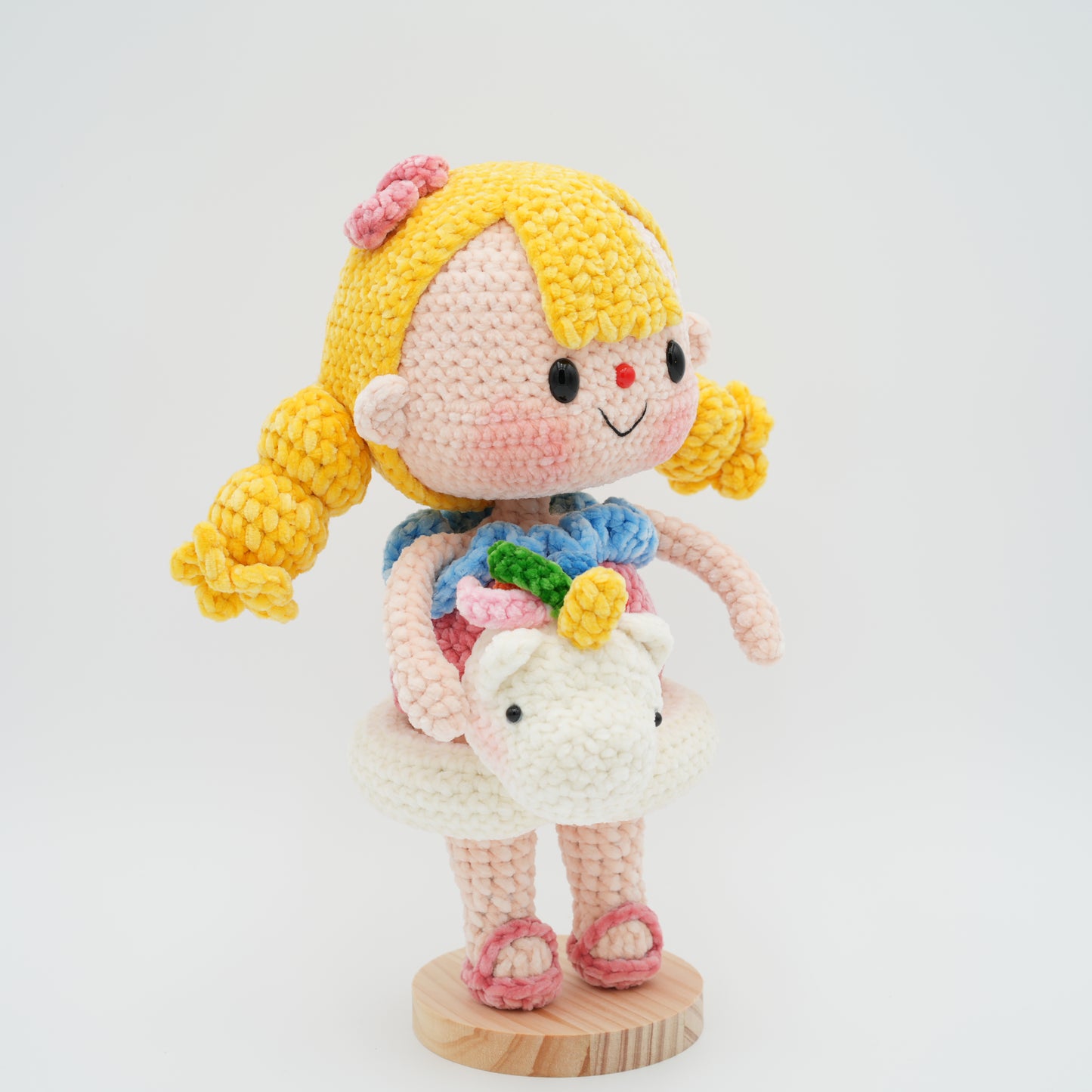 Handmade Crochet 11'' Doll Girl with Unicorn Swimming Ring, Hand-Knitted with Cotton Yarn