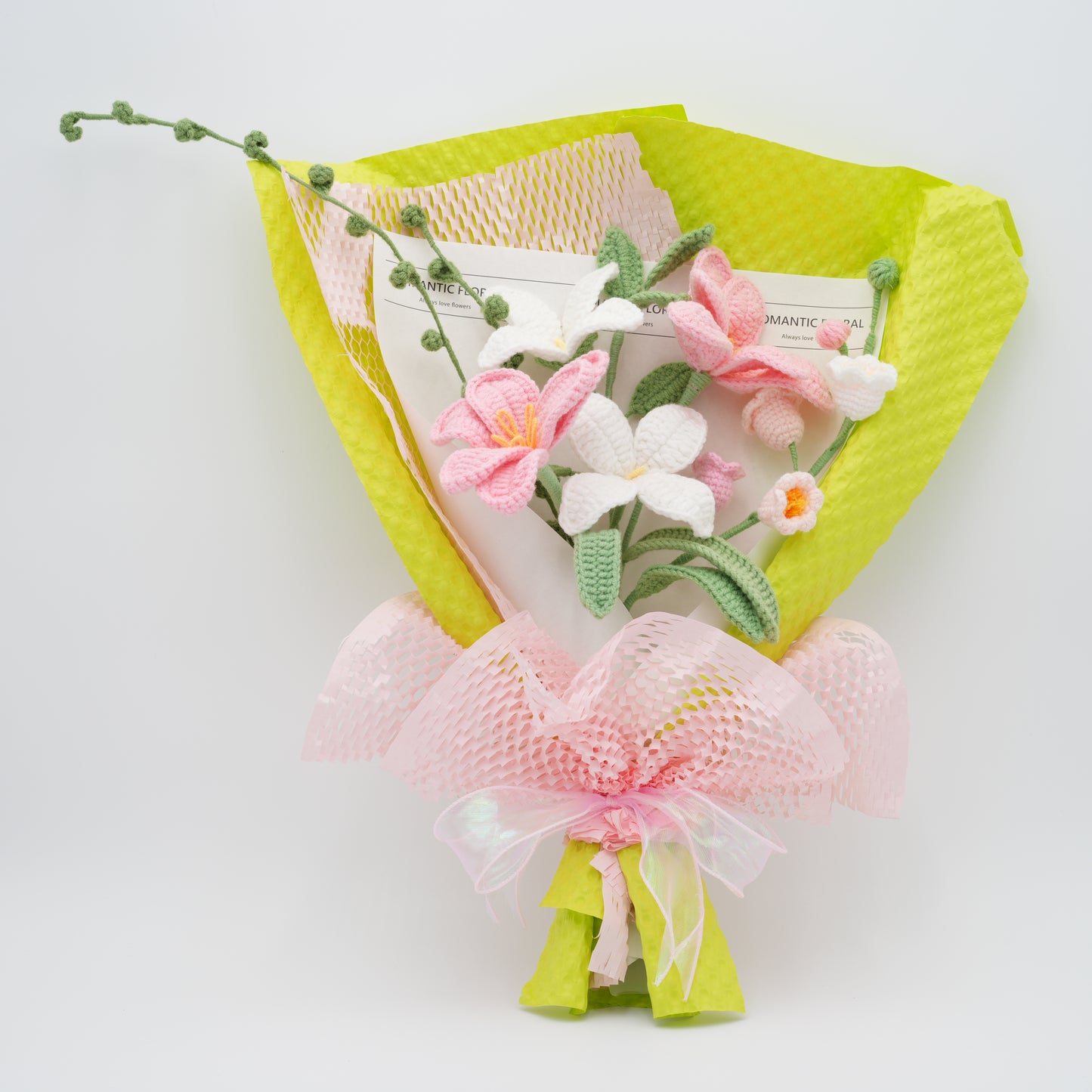 Crochet Flower Bouquet, 100% Handmade | Green/Pink