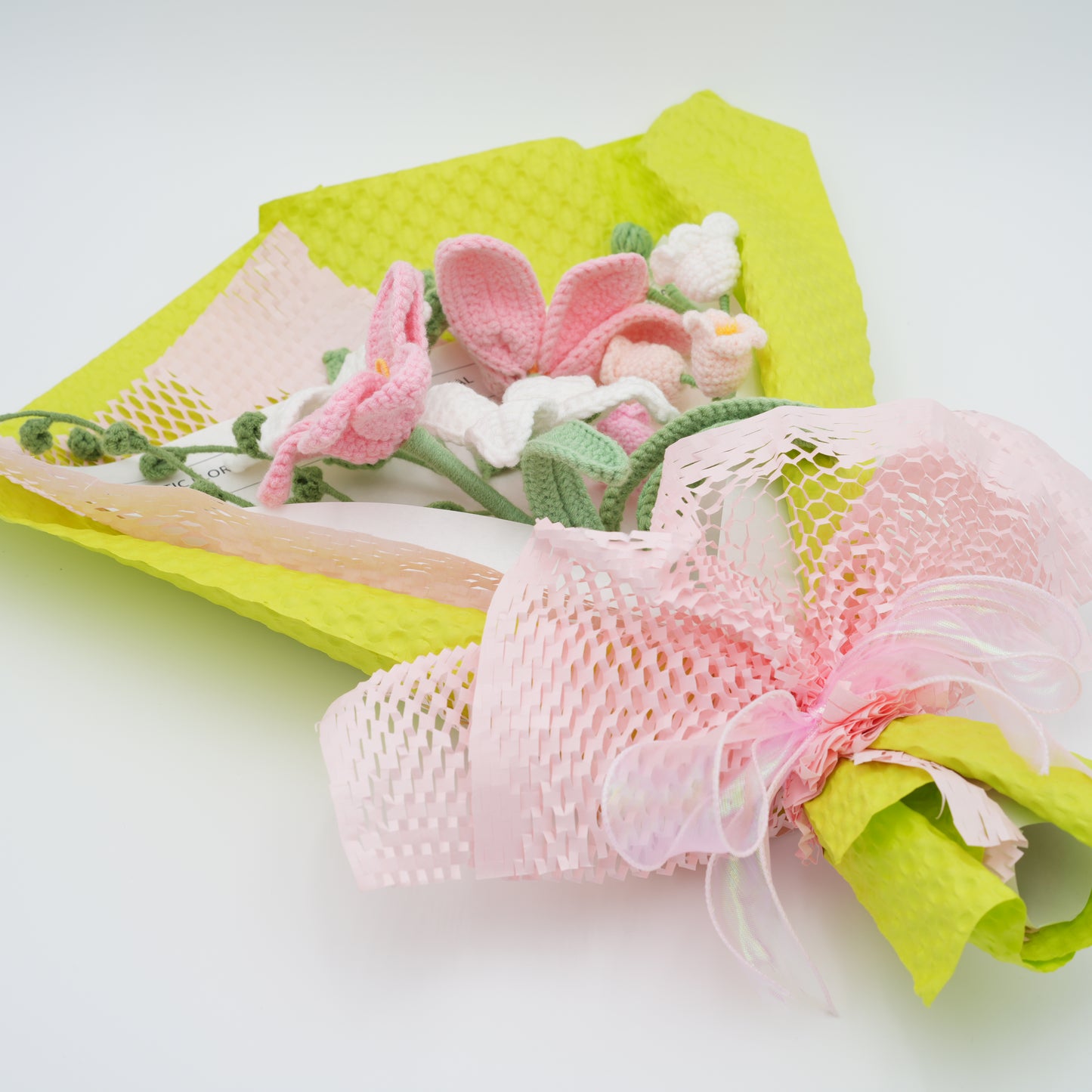 Crochet Flower Bouquet, 100% Handmade | Green/Pink