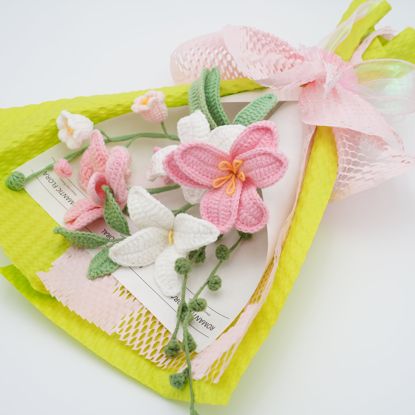 Crochet Flower Bouquet, 100% Handmade | Green/Pink