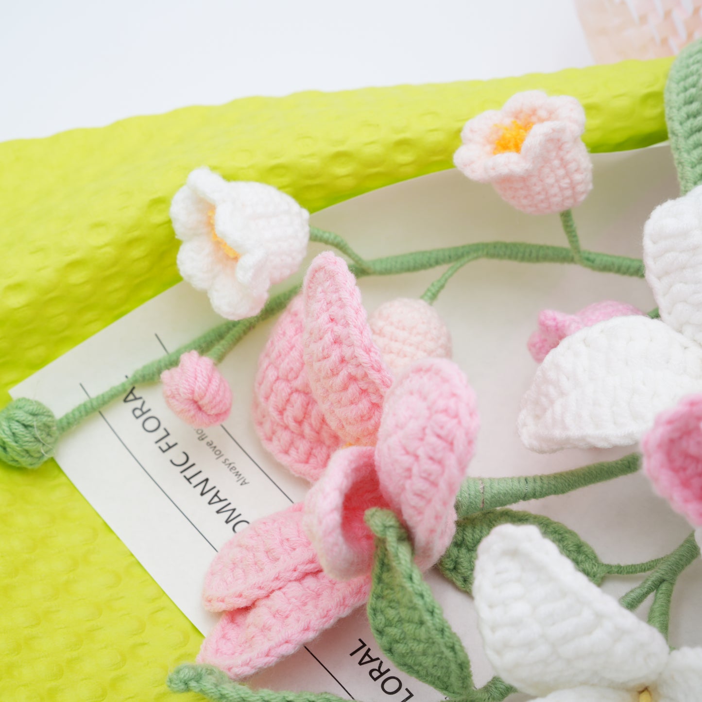 Crochet Flower Bouquet, 100% Handmade | Green/Pink