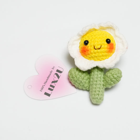 Handmade Crochet Smiling Flower with Green Leaves