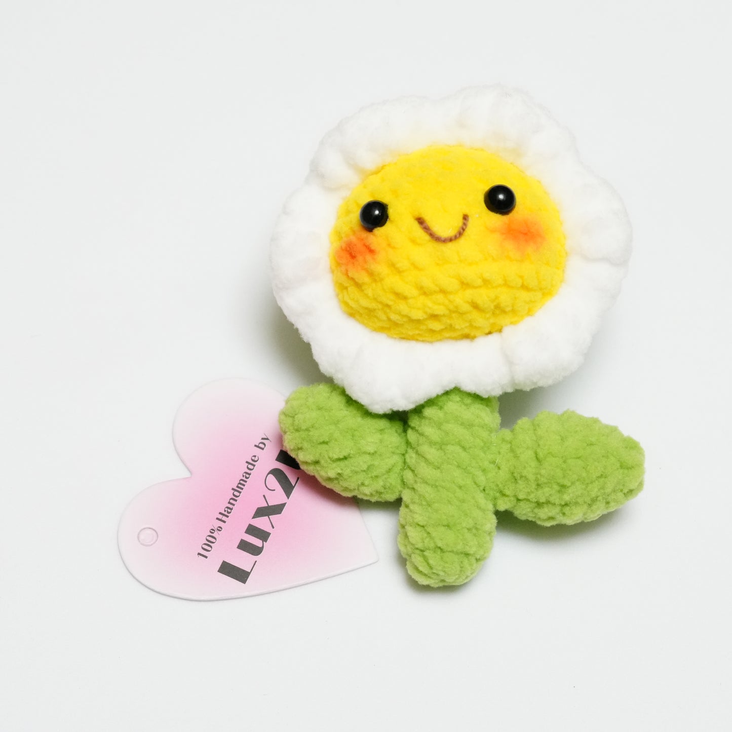 Handmade Crochet Smiling Flower with Green Leaves