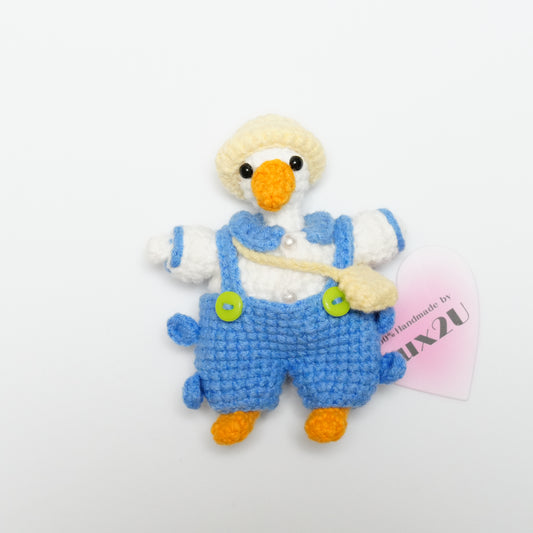 Handmade Crochet Duck with Removable Hat, Jacket, Overalls and Crossbody Bag