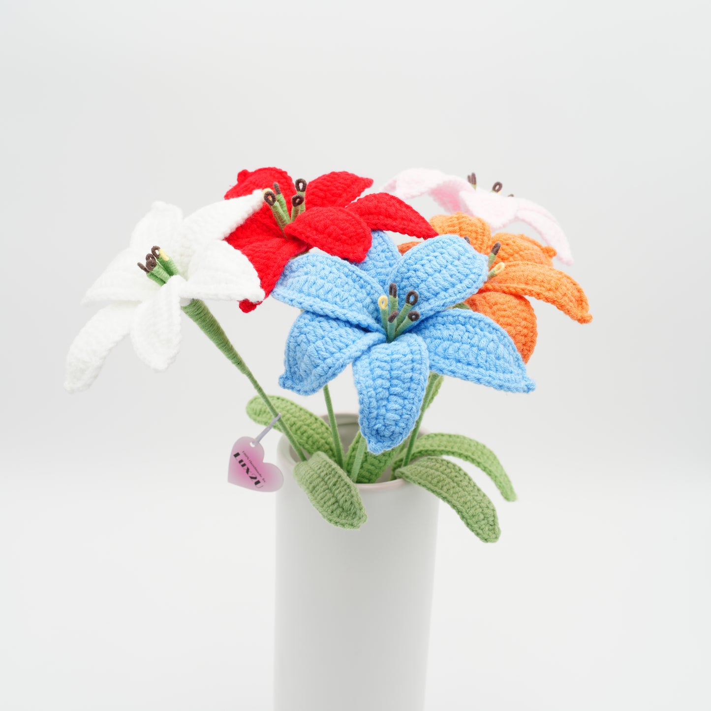 Handmade Crochet Lily Set (5 Pieces) Flowers with Leave and Long Stem, Assorted Colors (Red Orange Pink Blue White)