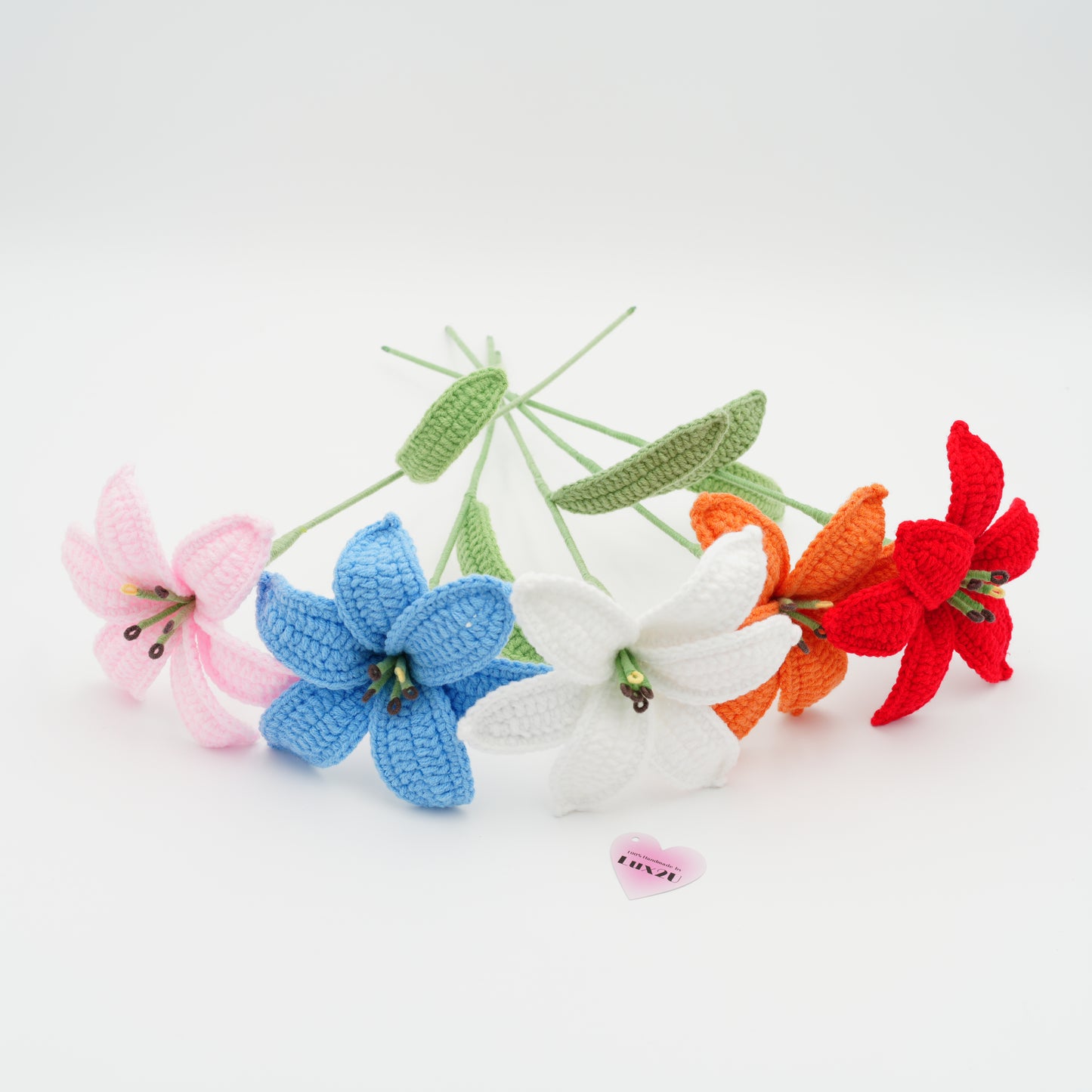 Handmade Crochet Lily Set (5 Pieces) Flowers with Leave and Long Stem, Assorted Colors (Red Orange Pink Blue White)