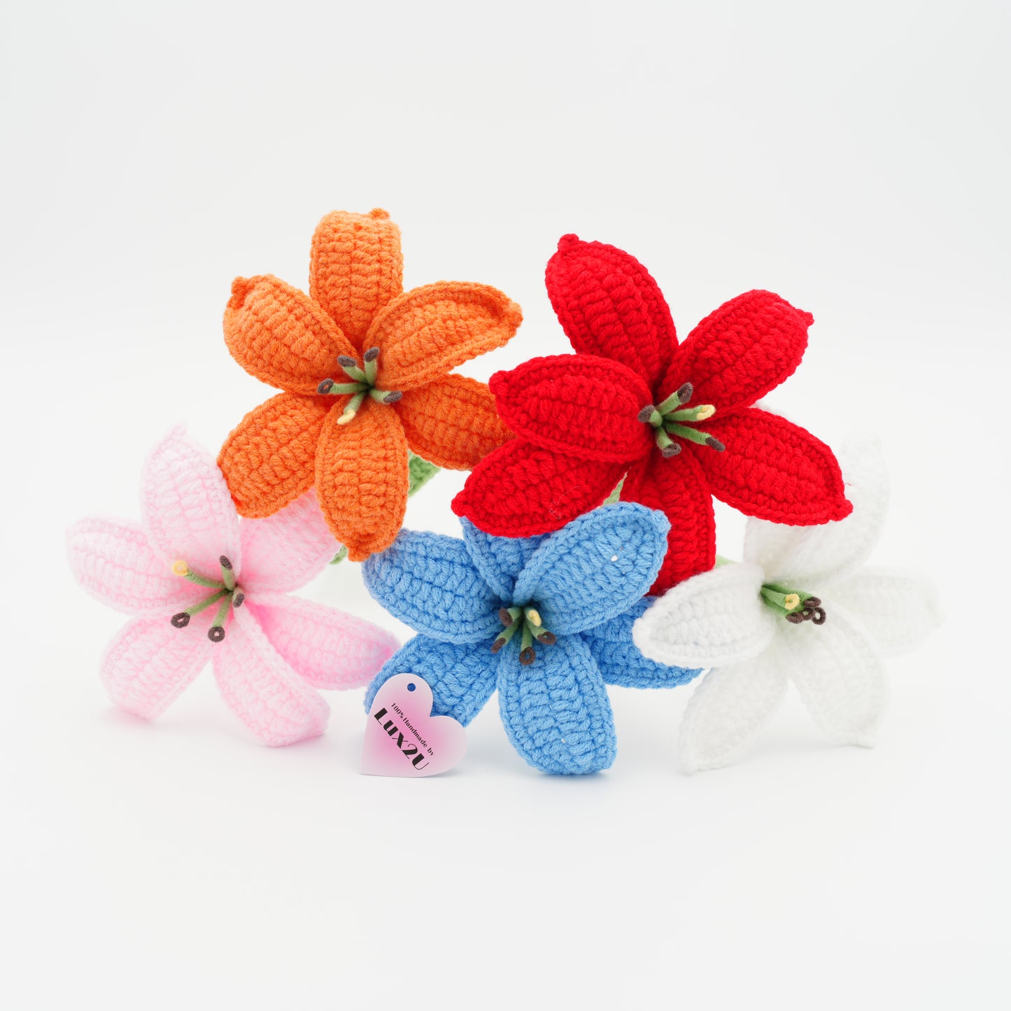 Handmade Crochet Lily Set (5 Pieces) Flowers with Leave and Long Stem, Assorted Colors (Red Orange Pink Blue White)